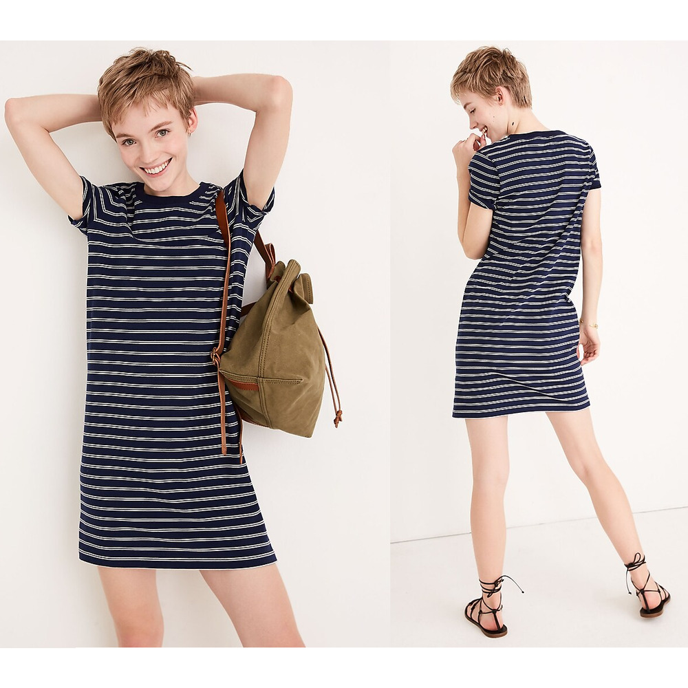 Madewell Epperson Navy Blue & White Striped 100% Cotton T-Shirt Dress